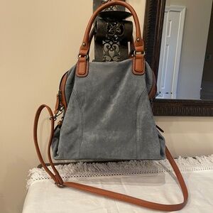 Blue Suede Tan Brown Slouchy Shoulder Bag Handbag Purse